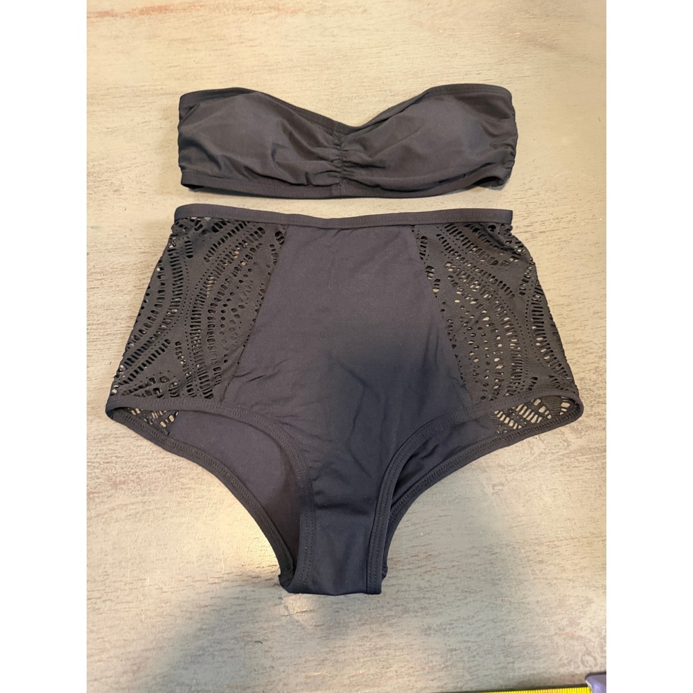 L*Space Black Bandeau High Waist Laser Cut Bikini Set Bitsy Cut XS